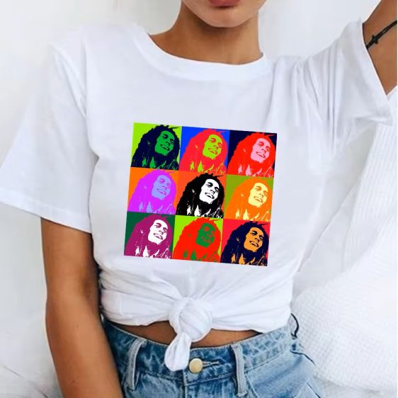 Bob Marley Multi-Color Pop Art Grid White Women's T-Shirt
