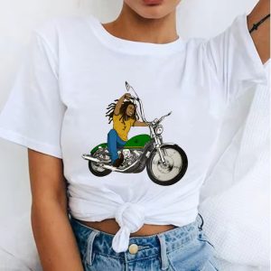 Bob Marley Riding Chopper Motorcycle White Women's T-Shirt