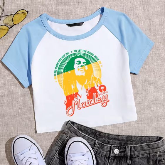 Mellow Mood Bob Marley Graphic Blue White Women's T-Shirt