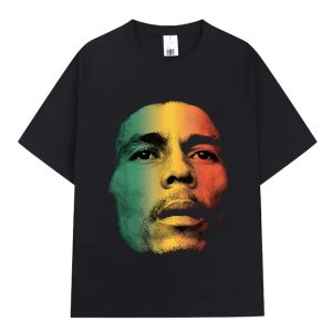 Music Icon Bob Marley Rasta Gradient Portrait Black T-Shirt