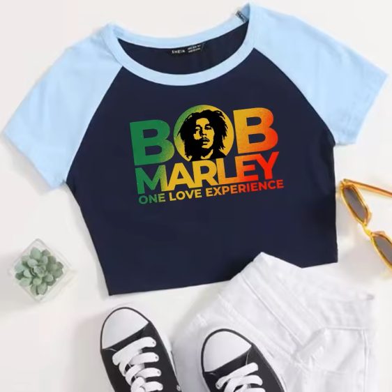 One Love Bob Marley Rasta Navy Light Blue Women's T-Shirt