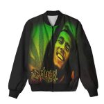 Bob Marley Iconic Smiling Face Green Leaf Art Bomber Jacket