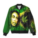 Bob Marley Marijuana Leaf Graphics Green Bomber Jacket