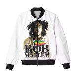 Iconic Bob Marley Portrait Jamaican Flag White Bomber Jacket