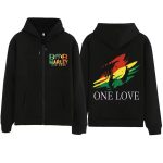 One Love Bob Marley Rasta Brush Silhouette Black Zip Hoodie