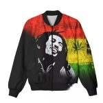 Reggae Artist Bob Marley Rustic Weed Graphic Bomber Jacket